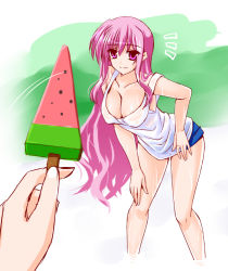Rule 34 | 1girl, blue shorts, blush, breasts, cleavage, closed mouth, collarbone, engo (aquawatery), food, kyrie florian, large breasts, long hair, lyrical nanoha, pink eyes, pink hair, popsicle, shirt, shorts, smile, solo, white shirt