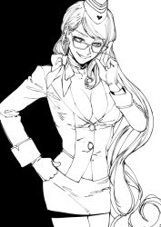 Rule 34 | 1girl, bad id, bad pixiv id, breasts, choker, earrings, fate/grand order, fate (series), finger to eyewear, formal, glasses, gloves, greyscale, hand on own hip, hat, high heels, iwamoto eiri, jewelry, koyanskaya (fate), long hair, looking at viewer, monochrome, navel, open mouth, ribbon choker, skirt, sleeve cuffs, smile, solo, suit, very long hair