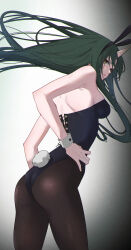 Rule 34 | 1girl, absurdres, animal ears, arknights, armpits, ass, bare shoulders, black hairband, black leotard, black pantyhose, breasts, cowboy shot, fake animal ears, fake tail, from side, gradient background, green hair, grey background, hairband, hand on own hip, highres, horns, hoshiguma (arknights), kimo suna, large breasts, leotard, long hair, looking at viewer, looking to the side, pantyhose, parted lips, playboy bunny, rabbit ears, rabbit tail, sideboob, single horn, skin-covered horns, solo, tail, very long hair, yellow eyes