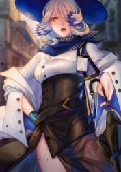 Rule 34 | arknights, bad id, bad pixiv id, bandana, belt, black skirt, blue bandana, blue hair, blue hat, blue neckwear, city, commentary request, eyebrows hidden by hair, feather hair, hair over one eye, hat, highres, holding, holding umbrella, id card, infection monitor (arknights), jacket, long sleeves, multicolored hair, off shoulder, open mouth, orchid (arknights), sasamori 3, scarf, see-through, short hair, side slit, silver hair, skirt, solo, soot, striped neckwear, two-tone hair, umbrella, wide sleeves, yellow eyes, yellow neckwear