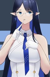 Rule 34 | 1girl, biting, black hair, blue archive, blue eyes, blue hair, blue necktie, breasts, collared dress, colored inner hair, dress, earrings, expressionless, glasses, glove biting, gloves, highres, jewelry, large breasts, long hair, looking at viewer, multicolored hair, nana24, necktie, pointy ears, rin (blue archive), sidelocks, solo, upper body, white gloves