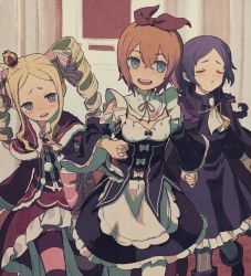Rule 34 | 3girls, beatrice (re:zero), blonde hair, blue eyes, blush, bow, butterfly-shaped pupils, capelet, commentary request, crown, detached sleeves, dress, drill hair, eyelashes, frills, hair between eyes, hair ribbon, hand grab, highres, holding hands, indoors, iwamushi, long hair, long sleeves, looking at viewer, maid, meili portroute, mini crown, multiple girls, open mouth, orange hair, pantyhose, petra leyte, purple hair, re:zero kara hajimeru isekai seikatsu, ribbon, roswaal mansion maid uniform, sidelocks, smile, striped clothes, striped pantyhose, symbol-shaped pupils, teeth, twin drills, twintails, upper teeth only
