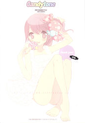 Rule 34 | barefoot, brown eyes, brown hair, candy, feet, food, food-themed clothes, highres, lollipop, matsuda98, pastels, short hair, solo, swirl lollipop
