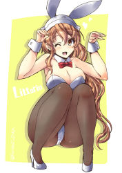 Rule 34 | 10s, 1girl, animal ears, black pantyhose, bow, bowtie, breasts, brown eyes, brown hair, character name, cleavage, detached collar, fake animal ears, fishnet pantyhose, fishnets, headdress, high heels, kantai collection, large breasts, leotard, littorio (kancolle), long hair, one eye closed, pantyhose, playboy bunny, rabbit ears, rabbit tail, shinshin, smile, solo, squatting, tail, wavy hair, wrist cuffs