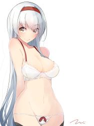 Rule 34 | 10s, 1girl, alternate costume, arm behind back, bare shoulders, bow, bow panties, bra, breasts, brown eyes, cleavage, commentary request, eyebrows, hairband, headband, highres, kantai collection, light smile, long hair, looking at viewer, medium breasts, navel, panties, shoukaku (kancolle), sideboob, simple background, solo, tebi (tbd11), underwear, white background, white bra, white hair, white panties