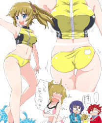 Rule 34 | 1girl, 2boys, arrow (projectile), ass, bike shorts, blue eyes, blue hair, blush, breast hold, breasts, butt crack, cleavage, close-up, embarrassed, glasses, gundam, gundam build fighters, gundam build fighters try, highres, hoshino fumina, large breasts, light brown hair, midriff, multiple boys, naitou kouse, navel, open mouth, ponytail, red hair, short shorts, shorts, smile, solo focus, speech bubble, sports bra, sweatdrop, thigh gap, translation request, two-tone sports bra, wavy mouth
