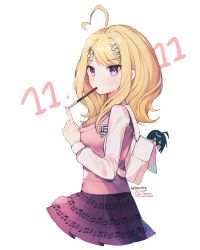 Rule 34 | 1boy, 1girl, ahoge, akamatsu kaede, backpack, bad id, bad twitter id, bag, black hair, blonde hair, blouse, blush, breasts, candy, commentary, cropped torso, dalrye v3, danganronpa (series), danganronpa v3: killing harmony, dated, eighth note, food, food in mouth, fortissimo, from side, hair ornament, heart, heart ahoge, long hair, long sleeves, looking at viewer, medium breasts, musical note, musical note hair ornament, necktie, open mouth, pink eyes, pleated skirt, pocky, randoseru, saihara shuichi, school uniform, shirt, simple background, skirt, solo focus, sweater vest, symbol-only commentary, twitter username, white background, white bag, white shirt