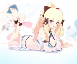 Rule 34 | 1girl, blonde hair, blush, breasts, elf, large breasts, looking at viewer, pointy ears, ponytail, princess connect!, princess connect! re:dive, saren (princess connect!), swimsuit, tissuebox (artist)