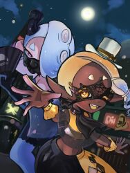 Rule 34 | 2girls, absurdres, blonde hair, blue hair, city, collar, colored eyelashes, colored skin, crop top, dark-skinned female, dark skin, fangs, forehead, frye (splatoon), hair over one eye, hand fan, hat, highres, holding, horns, inkling, manma 628, mask, moon, multicolored hair, multiple girls, night, night sky, nintendo, octoling, open mouth, pants, pointy ears, red eyes, shirt, shiver (splatoon), sky, sleeveless, smile, splatoon (series), splatoon 3, star (sky), tentacle hair, thick eyebrows, thick eyelashes, top hat, white headwear, yellow eyes, yellow shirt