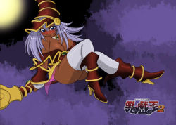 Rule 34 | bare shoulders, blue eyes, blush, boots, breasts, cleavage, collar, dark magician girl, dark skin, duel monster, hat, kenix, red dark magician girl, scepter, white hair, witch hat, wizard hat, yu-gi-oh!, yu-gi-oh! duel monsters