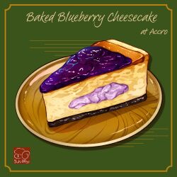 Rule 34 | artist logo, blueberry, cheesecake, cream, food, food focus, food name, fruit, highres, no humans, original, pie, pie slice, plate, yuki00yo