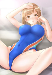 Rule 34 | 1girl, absurdres, blue one-piece swimsuit, breasts, brown eyes, brown hair, ca paria, commentary request, competition swimsuit, covered erect nipples, highres, idolmaster, idolmaster cinderella girls, large breasts, long hair, looking at viewer, lying, multicolored clothes, multicolored swimsuit, nitta minami, one-piece swimsuit, resolution mismatch, solo, source smaller, spread legs, swimsuit