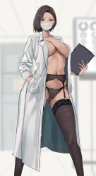Rule 34 | 1girl, black garter belt, black garter straps, black hair, black thighhighs, blurry, blurry background, breasts, brown eyes, cleavage, coat, covered mouth, feet out of frame, garter belt, garter straps, hand in pocket, highres, holding, kesoshirou, large breasts, lingerie, long sleeves, looking at viewer, mask, mouth mask, navel, no bra, open clothes, open coat, original, short hair, solo, thighhighs, thighs, underwear, white coat