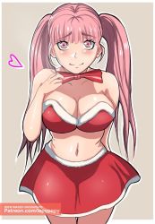 Rule 34 | 1girl, alternate costume, bare arms, bare shoulders, bow, bowtie, breasts, christmas, cleavage, closed mouth, cowboy shot, dress, female focus, fire emblem, fire emblem: three houses, fur trim, gloves, hair between eyes, hand up, hat, heart, hilda valentine goneril, large breasts, lepypepy, long hair, looking at viewer, matching hair/eyes, midriff, miniskirt, navel, bowtie, nintendo, patreon username, pink eyes, pink hair, red bow, red bowtie, santa bra, santa dress, santa hat, simple background, skirt, solo, standing, strapless, very long hair, watermark, web address
