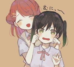Rule 34 | 2girls, arm up, arms up, black hair, blouse, blunt bangs, blush, braid, braided bun, brown background, cheek pinching, cheek pull, closed eyes, collar, collared shirt, green eyes, hair between eyes, hair bun, hair intakes, hair ornament, hairclip, half updo, hand up, happy, head tilt, highres, love live!, love live! nijigasaki high school idol club, multicolored hair, multiple girls, nijigasaki school uniform, omisocha, open mouth, pinching, red hair, red ribbon, ribbon, school uniform, shirt, short hair, short sleeves, short twintails, simple background, single hair bun, single side bun, sleeveless, sleeveless sweater, smile, star (symbol), star hair ornament, streaked hair, sweater, sweater vest, swept bangs, takasaki yu, twintails, two side up, uehara ayumu, white shirt, yellow sweater vest