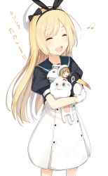 Rule 34 | 1girl, blonde hair, blue sailor collar, character doll, closed eyes, cowboy shot, dress, error musume, failure penguin, gloves, hat, highres, jervis (kancolle), kantai collection, long hair, meth (emethmeth), miss cloud, sailor collar, sailor dress, sailor hat, short sleeves, simple background, smile, solo, translation request, white background, white dress, white gloves, white hat