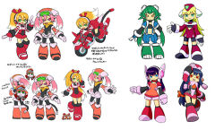 Rule 34 | 1girl, alternate color, alternate costume, blonde hair, cable, call (mighty no. 9), call f, concept art, electric plug, green eyes, green hair, hat, kimoto takenori, long hair, mighty no. 9, motor vehicle, motorcycle, pink eyes, pink hair, ponytail, purple hair, robot, robot ears, striped, striped sleeves, twintails, vehicle, yellow eyes