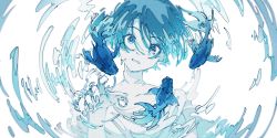Rule 34 | 1girl, absurdres, blue theme, fish, from below, goldfish, highres, lamer o n, looking at viewer, monochrome, original, ripples, short hair, simple background, solo, underwater