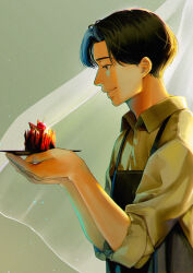 Rule 34 | 1boy, absurdres, apron, black hair, brown eyes, cake, curtains, food, highres, holding, holding plate, indoors, male focus, original, plate, profile, short hair, sleeves rolled up, snails0106, sweets, upper body, waiter
