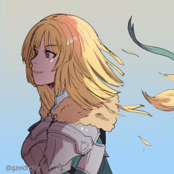 Rule 34 | 1girl, alternate hairstyle, blonde hair, closed mouth, cutting hair, fire emblem, fire emblem: three houses, fire emblem warriors, fire emblem warriors: three hopes, green eyes, gzei, hair ornament, highres, ingrid brandl galatea, nintendo, official alternate hairstyle, short hair, simple background, smile, solo, white background