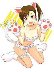 Rule 34 | 10s, 1girl, :3, animal ears, animal hands, asymmetrical hair, bandeau, bridal garter, brown eyes, brown hair, cat ears, cat paws, cat tail, flat chest, futami mami, gloves, idolmaster, idolmaster (classic), idolmaster 2, kemonomimi mode, long hair, looking at viewer, open mouth, panties, paw gloves, side ponytail, simple background, sitting, smile, solo, strapless, tail, thigh strap, tsurui, tube top, underwear, wariza, white background