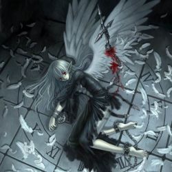 Rule 34 | 1girl, angel, angel wings, ankle cuffs, barefoot, blood, chain, cuffs, down+down, dress, feathers, guro, injury, long hair, lying, mizusawa hikaru, original, pointy ears, red eyes, shackled, shackles, solo, sword, weapon, white hair, wings
