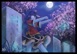 Rule 34 | 1girl, bad id, bad pixiv id, beret, blue eyes, blue hair, border, chinese clothes, chinese text, female focus, full moon, grass, graveyard, hat, jiangshi, kasodani kyouko, matching hair/eyes, miyako yoshika, moon, night, ofuda, oto taku, outstretched arms, pale skin, short hair, signature, skirt, smile, solo, star (symbol), tombstone, touhou, traditional media, translation request, tree, when you see it, yinzhai, zombie pose