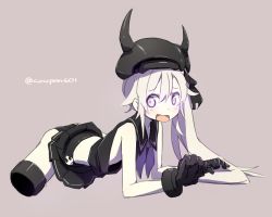 Rule 34 | 10s, 1girl, abyssal ship, amputee, bad id, bad pixiv id, black panties, black serafuku, colored skin, coupon (skyth), destroyer princess, fake horns, fang, female focus, gloves, horned headwear, horns, kantai collection, long hair, lying, neckerchief, on stomach, open mouth, panties, pleated skirt, purple eyes, sailor collar, school uniform, serafuku, side ponytail, skirt, solo, twitter username, underwear, white hair, white skin