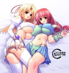 Rule 34 | 2girls, :d, :o, ass, asymmetrical docking, bed, between thighs, blonde hair, blush, breast press, breasts, bridal gauntlets, brooch, cecil (lunar wing), choker, covered erect nipples, crop top, detached sleeves, embarrassed, from above, garter straps, gunner-l, hair ribbon, huge breasts, impossible clothes, impossible shirt, jewelry, loincloth, long hair, looking back, lunar wing, lying, midriff, multiple girls, navel, no panties, on back, on side, open mouth, pleated skirt, red eyes, red hair, ribbon, shiny clothes, shirt, shirufana, skirt, smile, thighhighs, turtleneck, twintails, underboob, white thighhighs, yuri