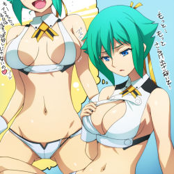 Rule 34 | 10s, 1girl, aquarion (series), aquarion evol, bare shoulders, blue eyes, bouncing breasts, breast conscious, breasts, cleavage, cleavage cutout, clothing cutout, fang, green hair, groin, hairu, head out of frame, large breasts, navel, short hair, sideboob, solo, translation request, zessica wong