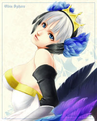 Rule 34 | 1girl, blue eyes, copyright name, crown, dress, elbow gloves, gloves, gwendolyn (odin sphere), hat, head wings, kanoca, lowres, odin sphere, solo, strapless, strapless dress, white hair, wings