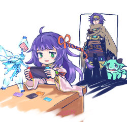 Rule 34 | 1boy, 250en remon, 2girls, bags under eyes, beckoned by the world chalice, blush stickers, brother and sister, card, crowned by the world chalice, detached sleeves, dragon, duel monster, fairy, gift card, handheld game console, headband, highres, holding, holding card, holding handheld game console, ib (yu-gi-oh!), lee the world chalice fairy, long hair, long sleeves, multiple girls, ningirsu (yu-gi-oh!), nintendo switch, purple hair, shaded face, siblings, sketch, tearing up, wide sleeves, world chalice guardragon, yu-gi-oh!