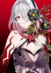 Rule 34 | 1girl, absurdres, acheron (honkai: star rail), black choker, blue flower, breasts, choker, cleavage, earrings, flower, hair intakes, hair ornament, halterneck, highres, honkai: star rail, honkai (series), jewelry, large breasts, looking at viewer, parted lips, red background, red eyes, sas (ls08b), simple background, single bare shoulder, solo, upper body, white hair
