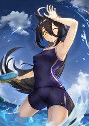 Rule 34 | 1girl, absurdres, ahoge, animal ears, arm up, black hair, blue one-piece swimsuit, blush, breasts, closed mouth, cloud, competition school swimsuit, day, from side, hair between eyes, highres, holding, horse ears, horse girl, horse tail, long hair, manhattan cafe (umamusume), multicolored hair, one-piece swimsuit, one eye closed, outdoors, rottenpizza, school swimsuit, sky, small breasts, solo, swimsuit, tail, thighs, umamusume, very long hair, wading, water, water gun, wet, white hair, yellow eyes