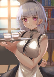 Rule 34 | 1girl, absurdres, anchor choker, apron, azur lane, black hairband, black skirt, book, bookshelf, breasts, center frills, choker, clothing cutout, dido (azur lane), earrings, frilled choker, frills, hairband, heart, heart earrings, highres, holding, holding tray, indoors, jewelry, lace-trimmed hairband, lace trim, large breasts, light purple hair, long hair, looking at viewer, purple eyes, remapack77, shirt, skirt, sleeveless, sleeveless shirt, solo, standing, tray, underboob, underboob cutout, waist apron, white apron, white hair, window