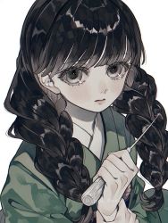 Rule 34 | 1girl, ao (ao0 0nemu), black eyes, black hair, blush, braid, character request, from above, green kimono, highres, japanese clothes, kimetsu no yaiba, kimono, long hair, looking at viewer, looking up, parted lips, solo, twin braids, white background