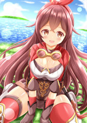 Rule 34 | 1girl, :d, amber (genshin impact), between legs, blush, boots, breasts, brown eyes, brown gloves, brown hair, brown shorts, cleavage, commentary request, day, genshin impact, gloves, goggles, goggles around neck, hair between eyes, hair ribbon, hairband, hand between legs, highres, large breasts, long hair, long sleeves, looking at viewer, ocean, open mouth, outdoors, red hairband, red ribbon, red thighhighs, ribbon, shirt, short shorts, shorts, sitting, smile, solo, thigh boots, thighhighs, very long hair, wariza, water, white footwear, white shirt, white thighhighs, xenon (for achieve)