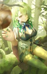 Rule 34 | 1girl, absurdres, apple, arm support, asymmetrical bangs, blue nails, blue ribbon, braid, breasts, ceres fauna, cleavage, dappled sunlight, flower, food, forest, fruit, golden apple, green bag, green flower, green hair, green rose, hair flower, hair ornament, hair over eyes, highres, hololive, hololive english, large breasts, long hair, looking at viewer, nail polish, nature, ribbon, rose, side braid, single thighhigh, smile, solo, sunlight, thighhighs, thighs, virtual youtuber, wei hua (vlad 3)