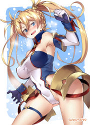 Rule 34 | 1girl, armor, bare shoulders, blonde hair, blue background, blue eyes, blush, bradamante (fate), bradamante (first ascension) (fate), braid, breasts, cleavage, clenched hand, commentary request, covered navel, elbow gloves, fate/grand order, fate (series), faulds, french braid, gloves, hair between eyes, highleg, highleg leotard, highres, hip focus, large breasts, leotard, long hair, looking at viewer, open mouth, solo, super zombie, thigh strap, thighs, translation request, twintails, very long hair, wavy mouth