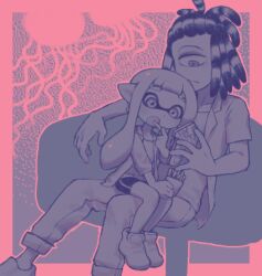 Rule 34 | 1boy, 1girl, age difference, agent 3 (splatoon 3), bike shorts, braid, cellphone, eating, food, french fries, highres, holding, holding phone, inkling, inkling girl, inkling player character, looking at phone, monochrome, murch (splatoon), nintendo, on lap, one-eyed, open mouth, pants, phone, pink background, pink theme, pointy ears, purple theme, robot (pixiv 42325944), side braid, single braid, smartphone, splatoon (series), splatoon 3, spot color, tentacle hair