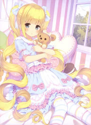 Rule 34 | 1girl, :t, absurdres, alc (ex2 lv), bed, blonde hair, blue eyes, blush, bow, cushion, dress, hair bow, heart, heart print, highres, hugging object, knees together feet apart, long hair, looking at viewer, on bed, original, pantyhose, pink bow, sailor collar, sailor dress, scan, sitting, solo, striped bow, striped clothes, striped pantyhose, stuffed animal, stuffed toy, teddy bear, twintails, vertical stripes, very long hair, white bow, window