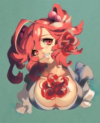 Rule 34 | 1girl, bad id, bad pixiv id, breasts, cheong ha, cleavage, flower, flower in mouth, green background, hair bobbles, hair ornament, large breasts, mouth hold, onozuka komachi, red eyes, red hair, silk, solo, spider lily, spider web, touhou, twintails, two side up