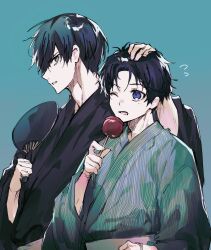 Rule 34 | 2boys, absurdres, black eyes, black kimono, blue background, blue eyes, blue hair, blue lock, candy apple, cowboy shot, food, green kimono, hand fan, hand on another&#039;s head, hand up, highres, holding, holding fan, holding food, isagi yoichi, itoshi rin, japanese clothes, kimono, male focus, multiple boys, one eye closed, open mouth, profile, short hair, simple background, standing, unagibo, yukata