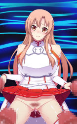 Rule 34 | 10s, asuna (sao), blush, censored, clothes lift, fujirin, highres, looking at viewer, penis, pussy, skirt, skirt lift, sword art online, tagme