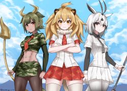Rule 34 | 3girls, abs, animal costume, animal ears, antenna hair, arabian oryx (kemono friends), arms at sides, aurochs (kemono friends), bare arms, big hair, black hair, blonde hair, breast pocket, cat girl, closed mouth, collared shirt, commentary request, cow ears, cow girl, cow horns, cow tail, cowboy shot, crop top, cropped shirt, cuffs, dark-skinned female, dark skin, day, earrings, empty eyes, expressionless, extra ears, fur collar, gazelle ears, gazelle tail, grey eyes, grey hair, highres, holding, holding weapon, horns, jewelry, kemono friends, layered sleeves, lion (kemono friends), lion costume, lion ears, lion tail, long sleeves, looking at viewer, medium hair, midriff, miniskirt, multiple girls, navel, necktie, outdoors, pantyhose, pencil skirt, plaid, plaid neckwear, plaid skirt, plaid sleeves, pleated skirt, pocket, polearm, red neckwear, riro (breakthrough rr), shirt, short over long sleeves, short sleeves, sidelocks, skirt, smile, standing, stomach, striped neckwear, tail, thighhighs, toned, two-tone background, weapon, wing collar, yellow eyes, zettai ryouiki