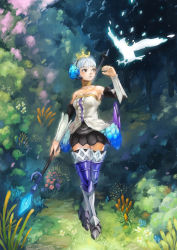 Rule 34 | 1girl, armor, armored dress, bare shoulders, bird, blue eyes, boots, breasts, brown eyes, choker, colored eyelashes, crown, dress, elbow gloves, forest, gloves, gwendolyn (odin sphere), hair ornament, highres, medium breasts, nature, odin sphere, polearm, pteruges, shamogin, short hair, solo, spear, strapless, strapless dress, valkyrie, weapon, white hair