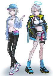 Rule 34 | anoa, baseball cap, belt, black coat, black pants, blue eyes, blue footwear, blue hat, blue jacket, blue shorts, candy, check commentary, coat, commentary, commentary request, crop top, cropped jacket, denim, denim jacket, dual persona, earrings, expressionless, fanny pack, fishnets, food, halo, halterneck, hands in pockets, hat, highres, holding, holding candy, holding food, holding lollipop, holster, jacket, jeans, jewelry, lollipop, looking at viewer, looking to the side, midriff, mole, mole under eye, multiple earrings, navel, navel piercing, necklace, original, pants, piercing, pink belt, sandals, shadow, shirt, shoes, short hair, short shorts, shorts, silver hair, simple background, sneakers, socks, thigh holster, tomboy, tongue, tongue out, torn clothes, torn jeans, torn pants, turtleneck, white background, white shirt
