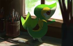 Rule 34 | blurry, brown eyes, commentary request, creature, creatures (company), day, game freak, gen 5 pokemon, hand up, highres, indoors, looking outside, nintendo, no humans, one-hour drawing challenge, paintbrush, pokemon, pokemon (creature), pot, rend, snivy, solo, standing, window