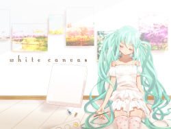Rule 34 | 1girl, canvas (object), dress, closed eyes, green hair, hatsune miku, long hair, nokko, painting (action), palette (object), sitting, solo, tears, thighhighs, twintails, very long hair, vocaloid
