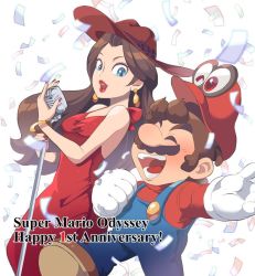 Rule 34 | 1boy, 1girl, :d, blue eyes, breasts, brown hair, cappy (mario), closed eyes, donkey kong (series), dress, earrings, english text, facial hair, hat, holding, holding microphone, hoshikuzu pan, jewelry, lipstick, long hair, makeup, mario, mario (series), microphone, mustache, nail polish, nintendo, open mouth, pauline (mario), red dress, short hair, simple background, smile, super mario odyssey